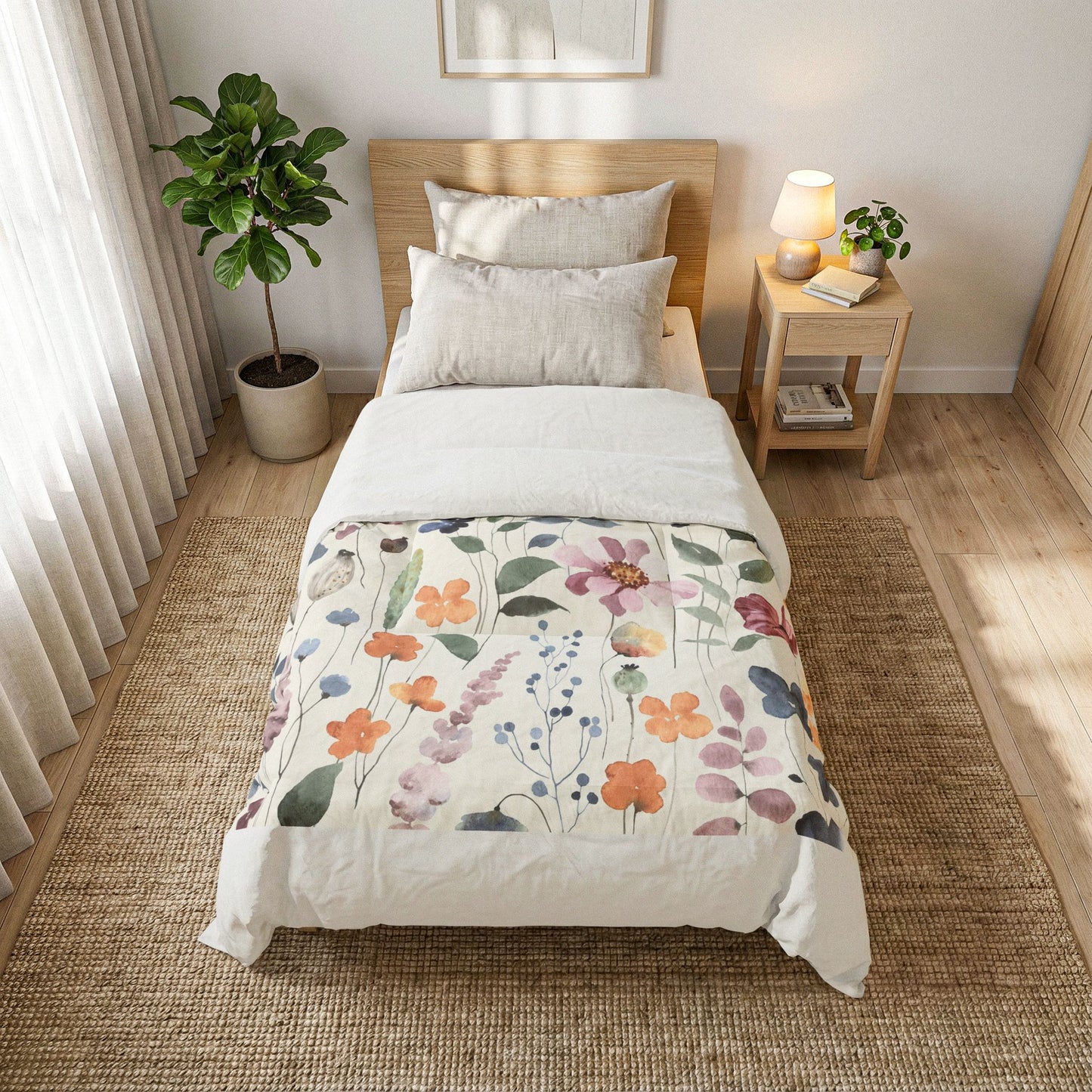 Floral Watercolor Cotton Comforter - Pastel Wildflower Bedding