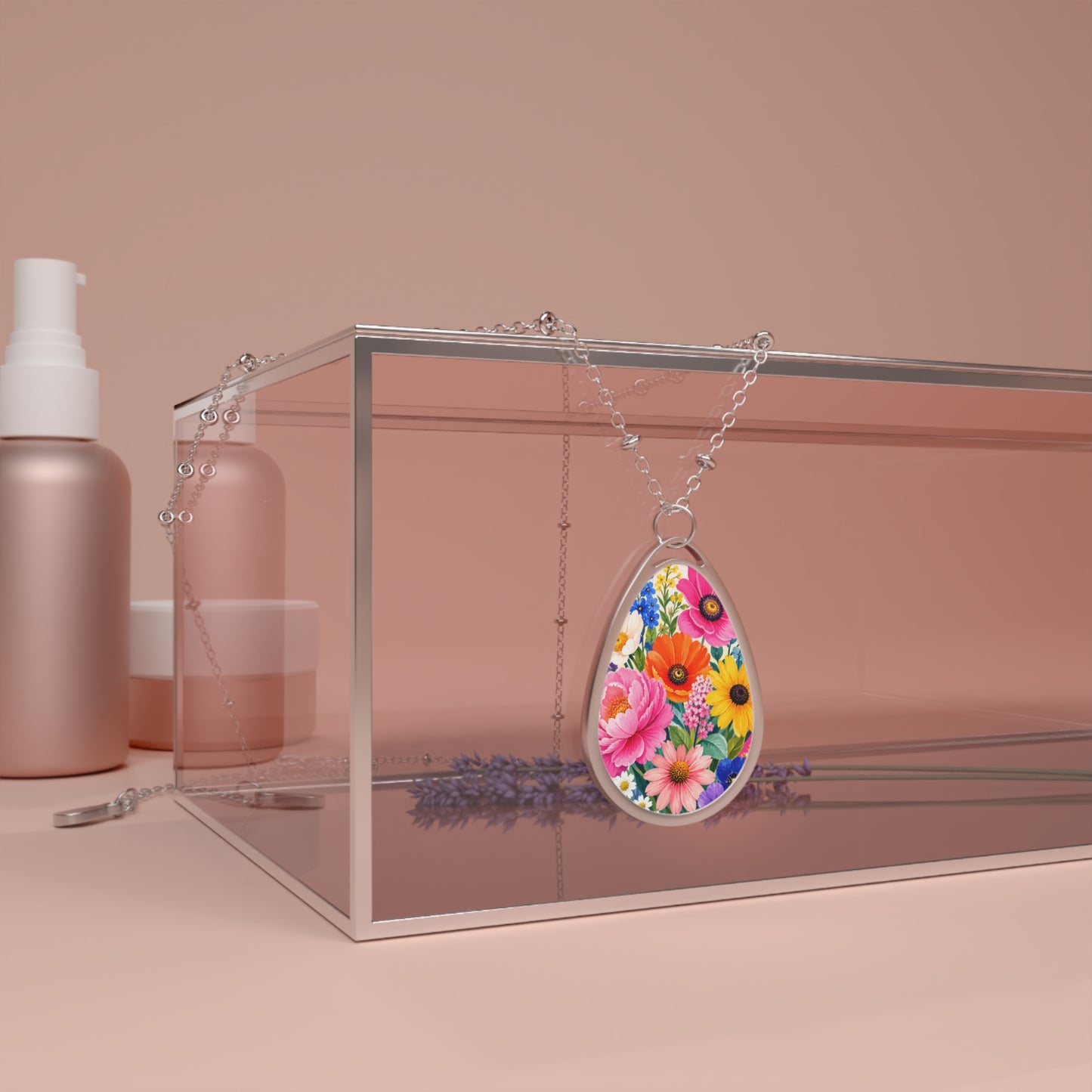 Colorful Floral Oval Necklace | Teardrop Pendant Necklace