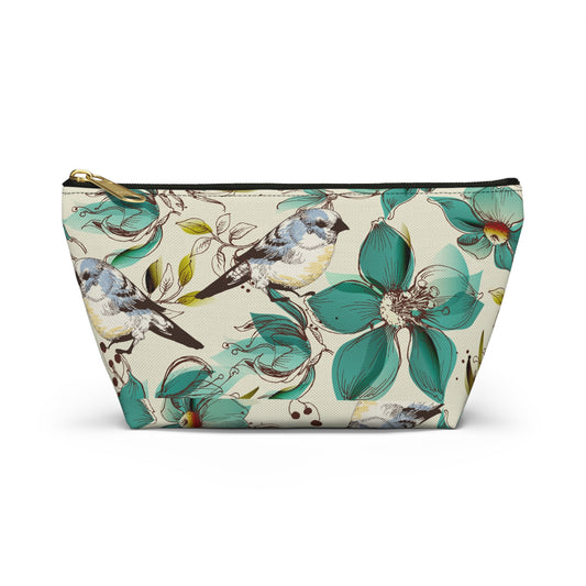 Bird & Teal Floral Accessory Pouch — T‑Bottom Makeup Bag