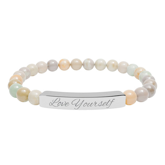 Engraved Natural Stone Bead Bracelet - "Love Yourself" Stretch Bar