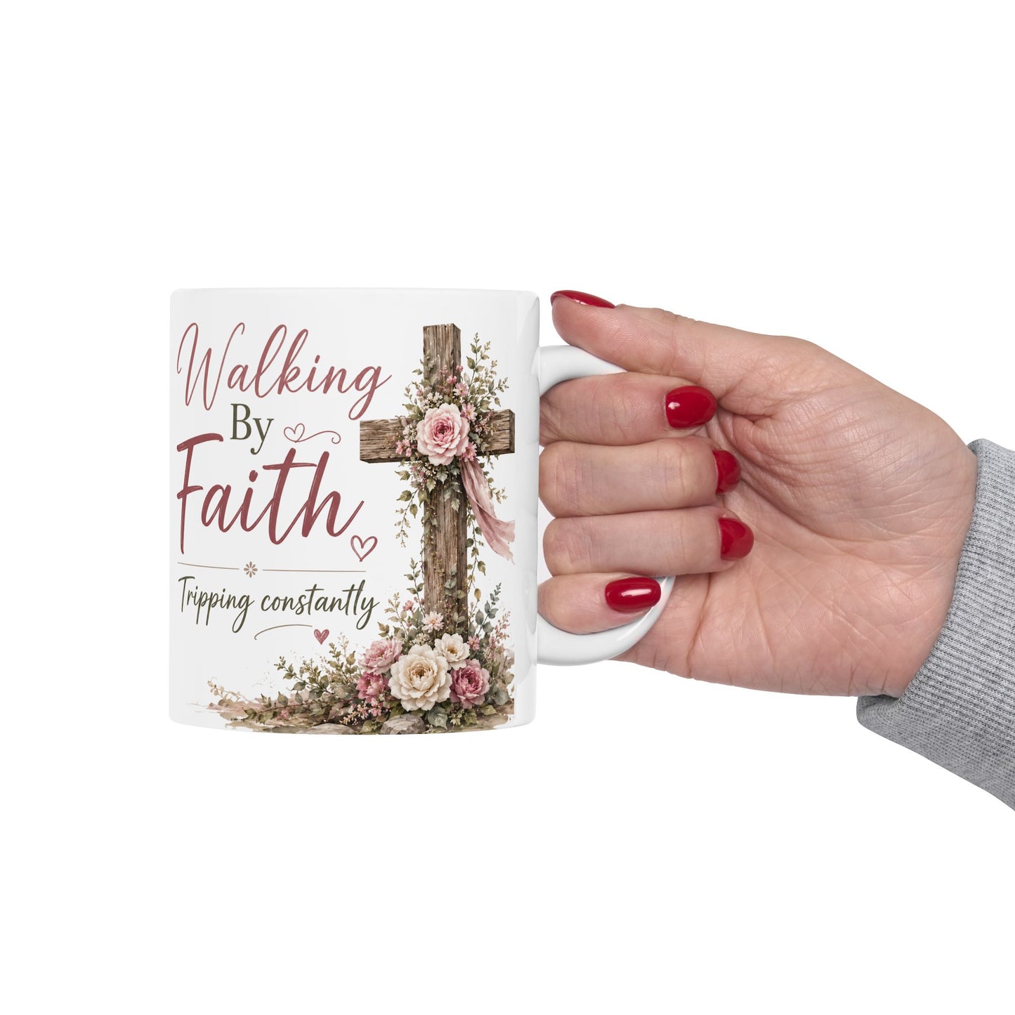 Walking by Faith, Tripping Constantly Ceramic Mug — Funny Christian Coffee Cup (11oz, 15oz)
