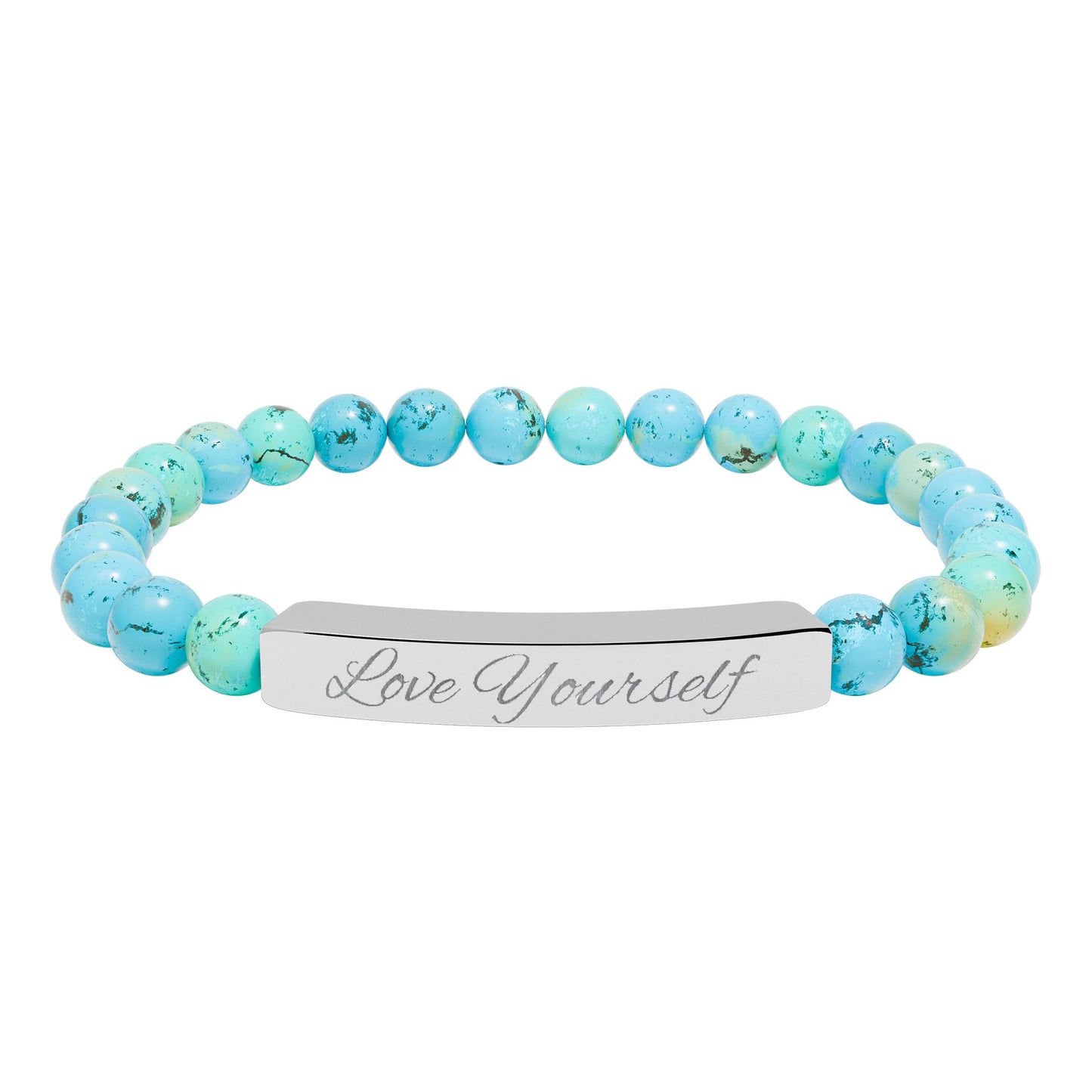 Engraved Natural Stone Bead Bracelet - "Love Yourself" Stretch Bar