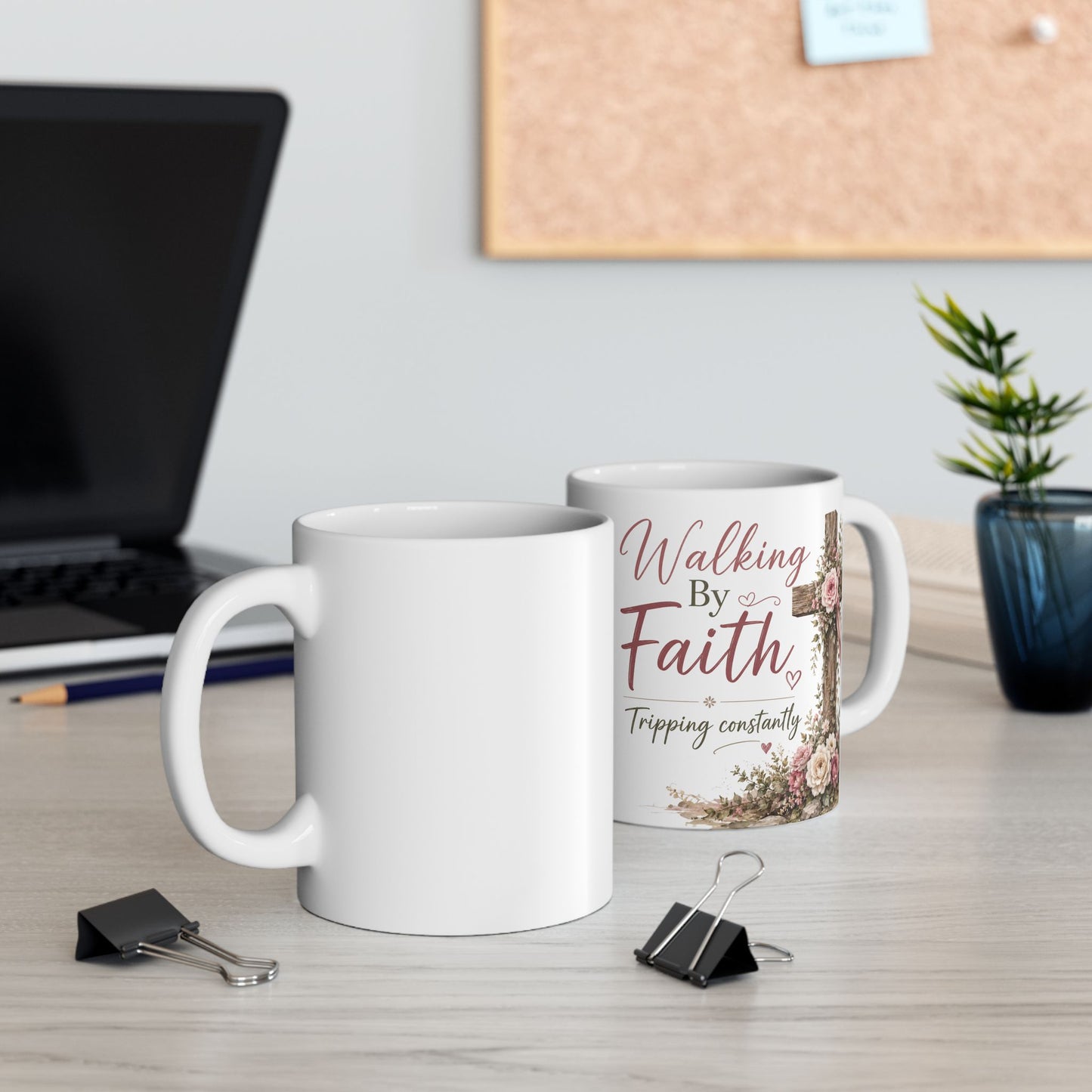 Walking by Faith, Tripping Constantly Ceramic Mug — Funny Christian Coffee Cup (11oz, 15oz)