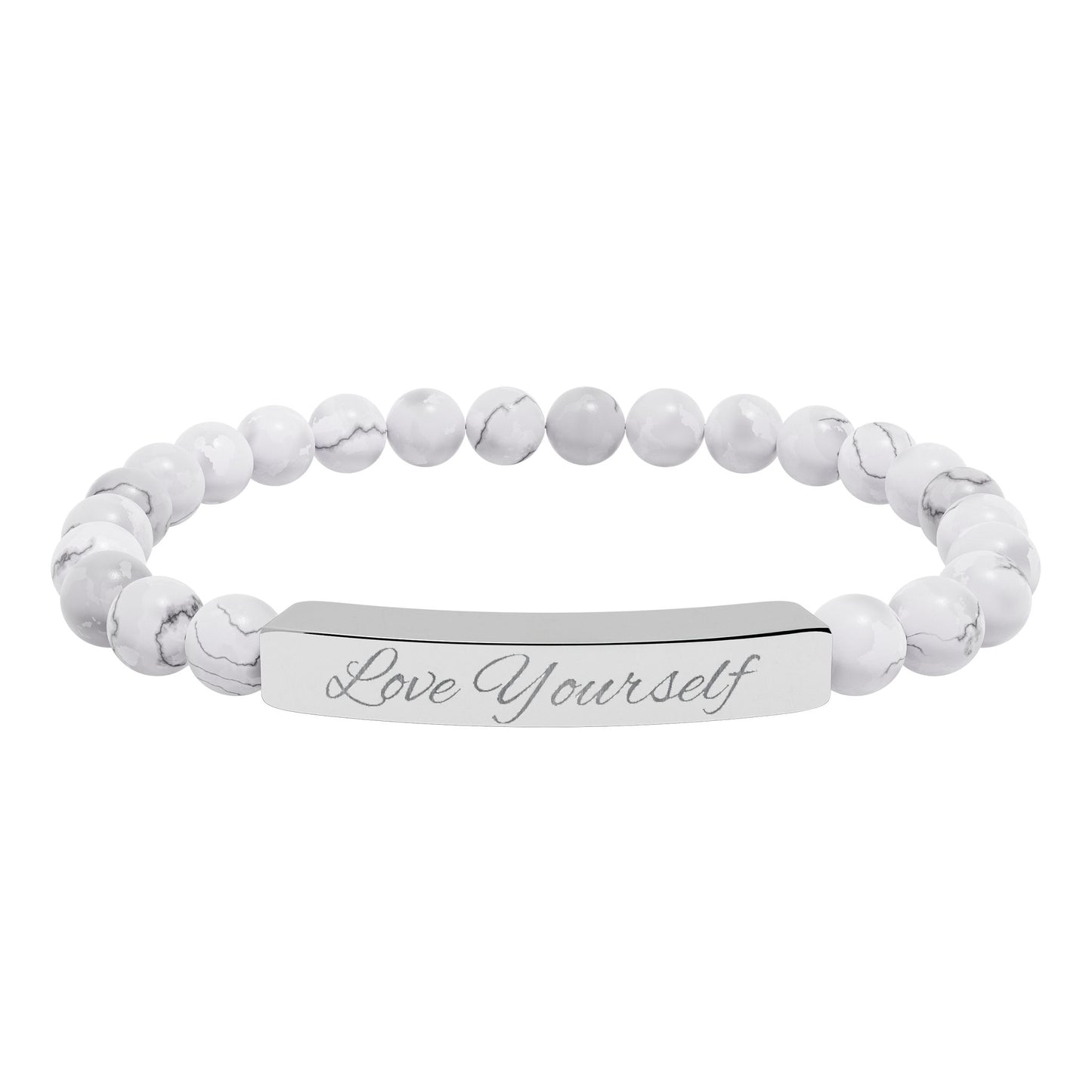 Engraved Natural Stone Bead Bracelet - "Love Yourself" Stretch Bar