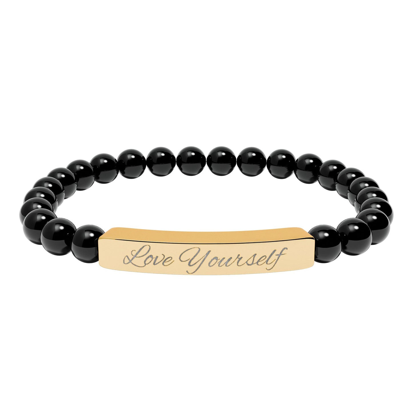 Engraved Natural Stone Bead Bracelet - "Love Yourself" Stretch Bar