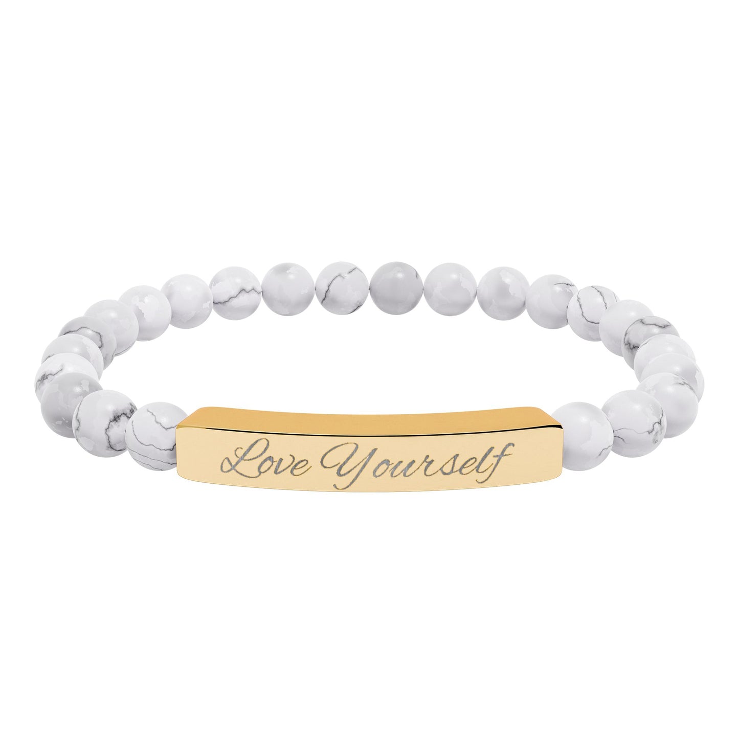 Engraved Natural Stone Bead Bracelet - "Love Yourself" Stretch Bar