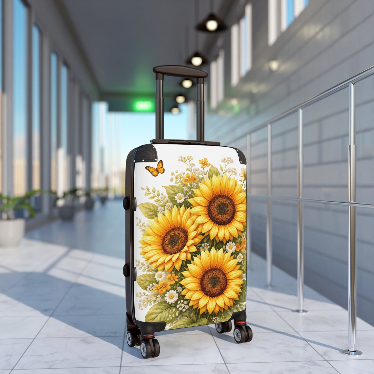 Sunflower Suitcase Cover — Bright Floral Luggage Skin with Sunflowers & Butterfly