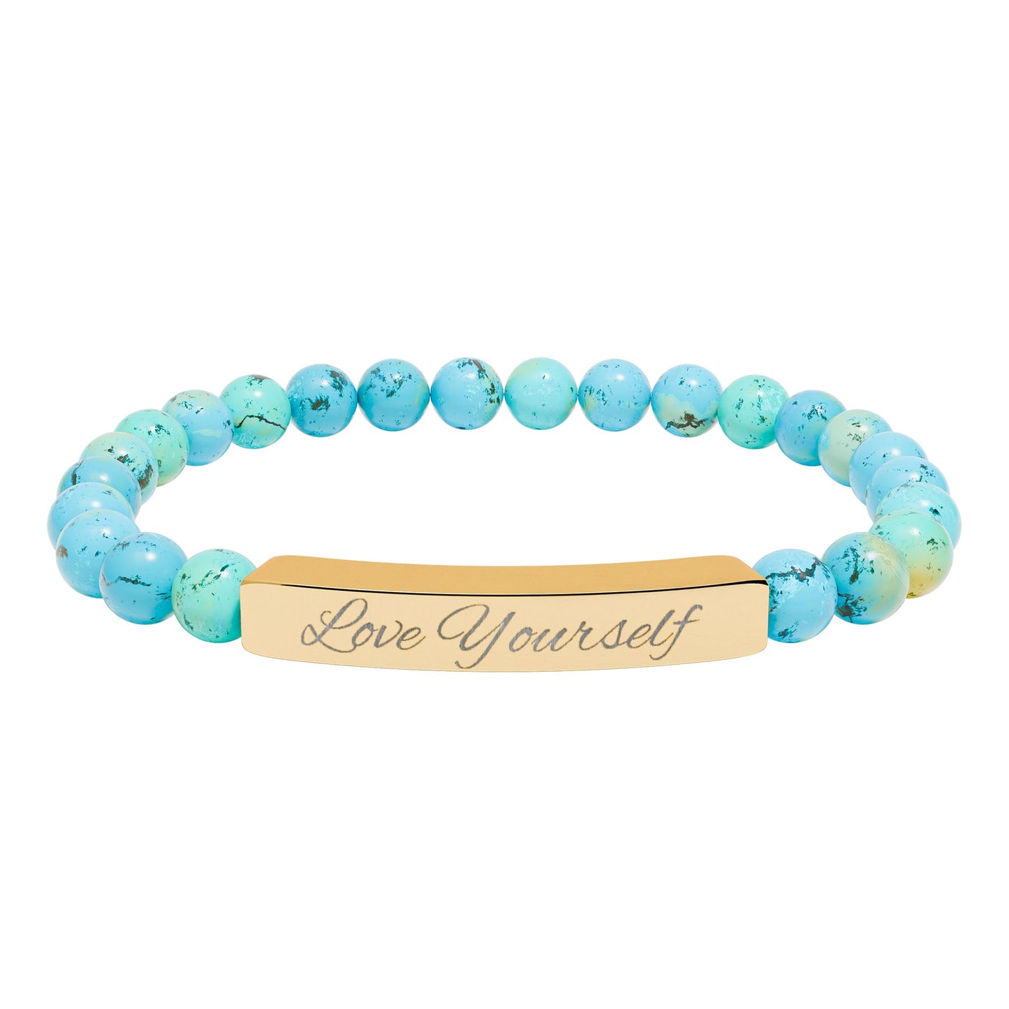 Engraved Natural Stone Bead Bracelet - "Love Yourself" Stretch Bar