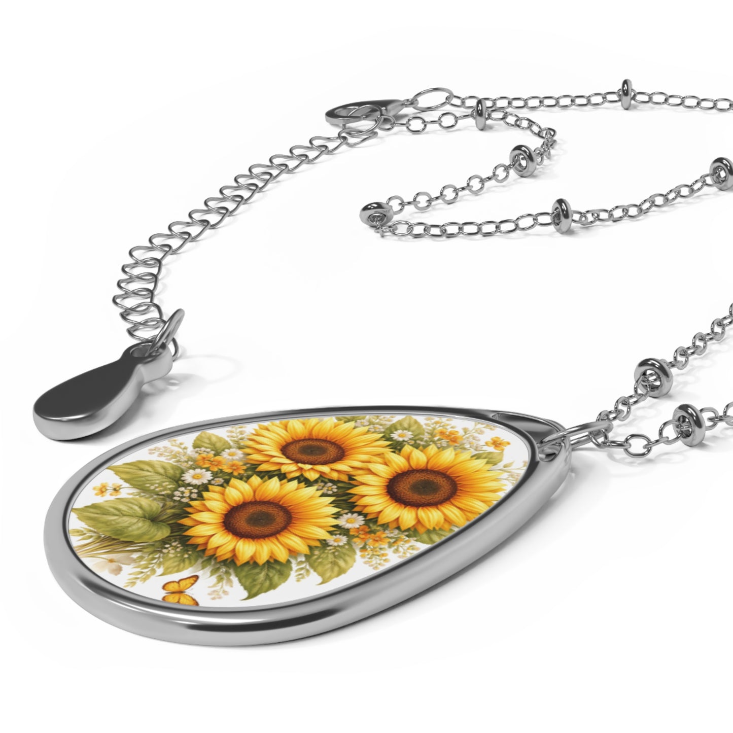 Sunflower Bouquet Necklace | Oval Floral Pendant, Summer Jewelry