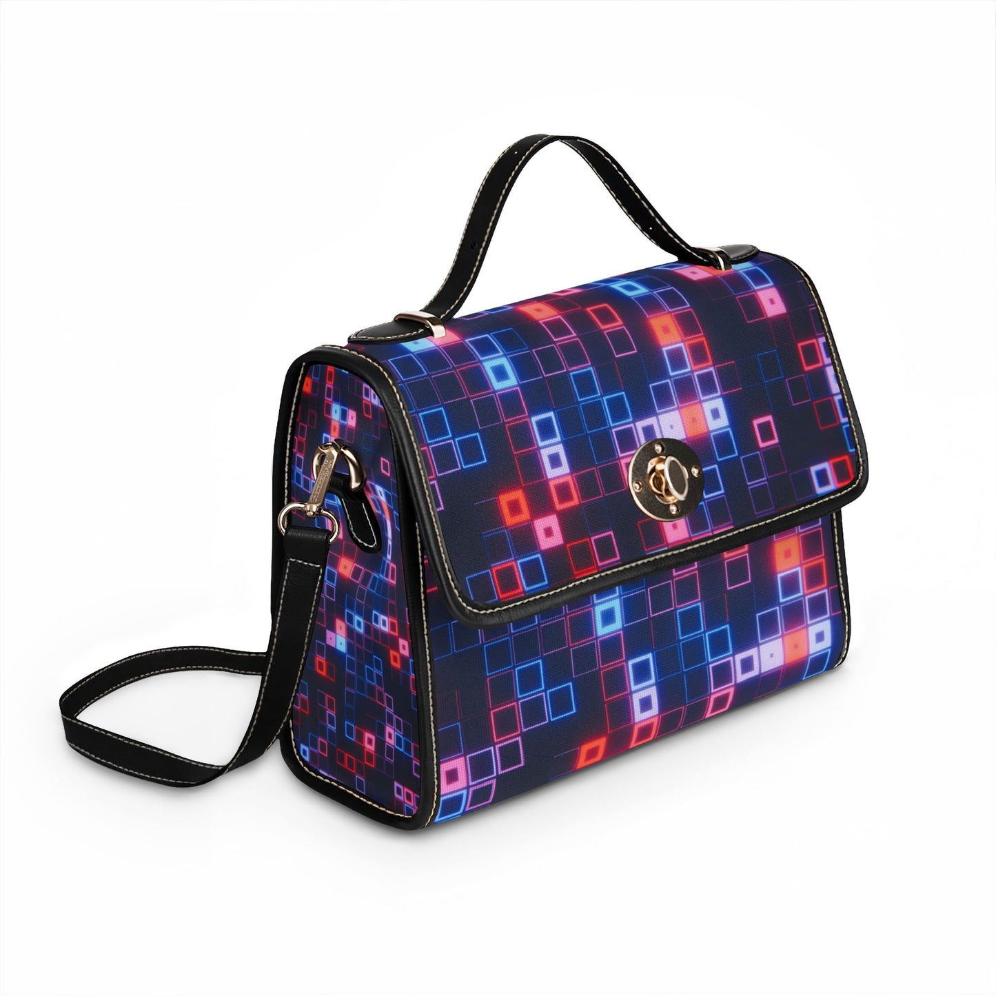 Pixel Glow Waterproof Canvas Bag — Neon Square Print Waterproof Tote