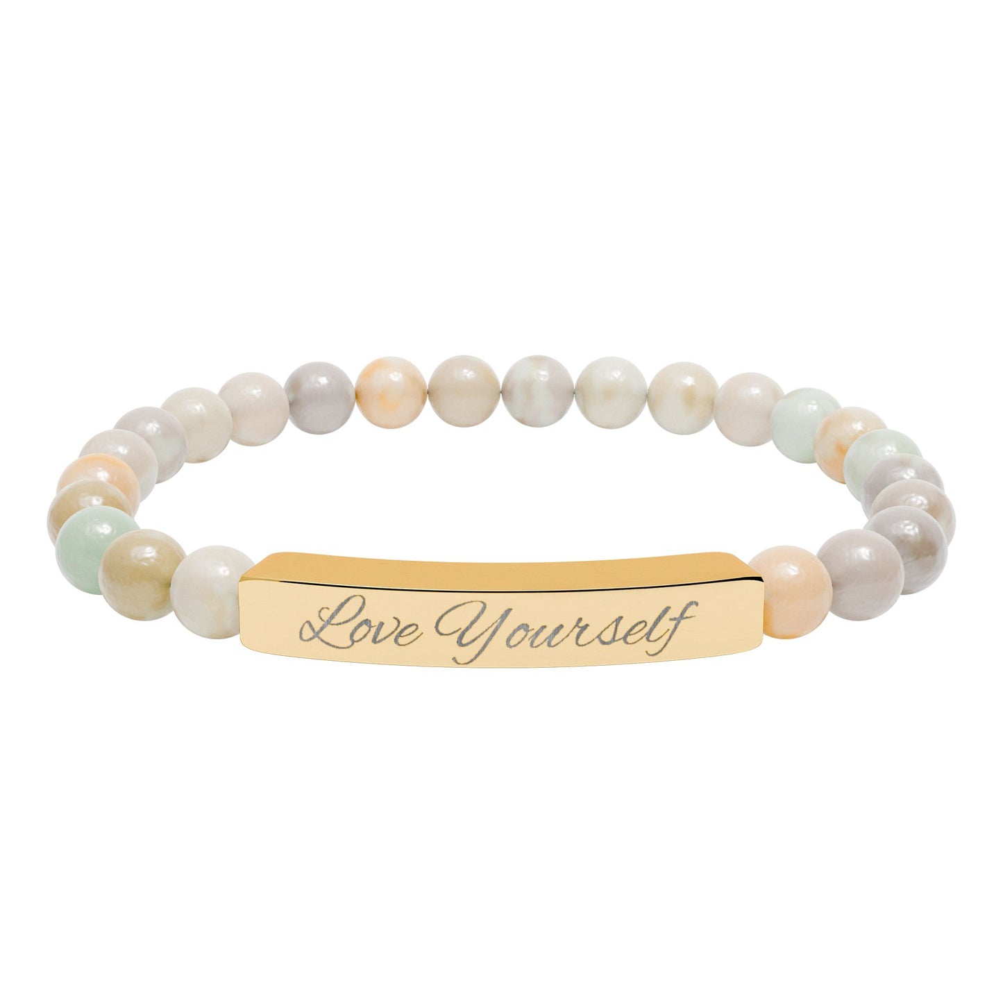 Engraved Natural Stone Bead Bracelet - "Love Yourself" Stretch Bar