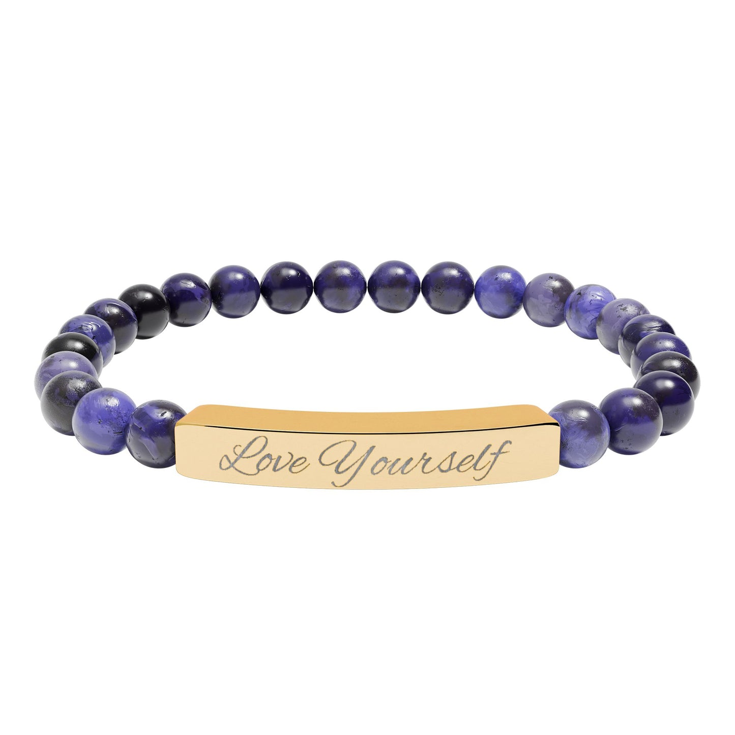 Engraved Natural Stone Bead Bracelet - "Love Yourself" Stretch Bar
