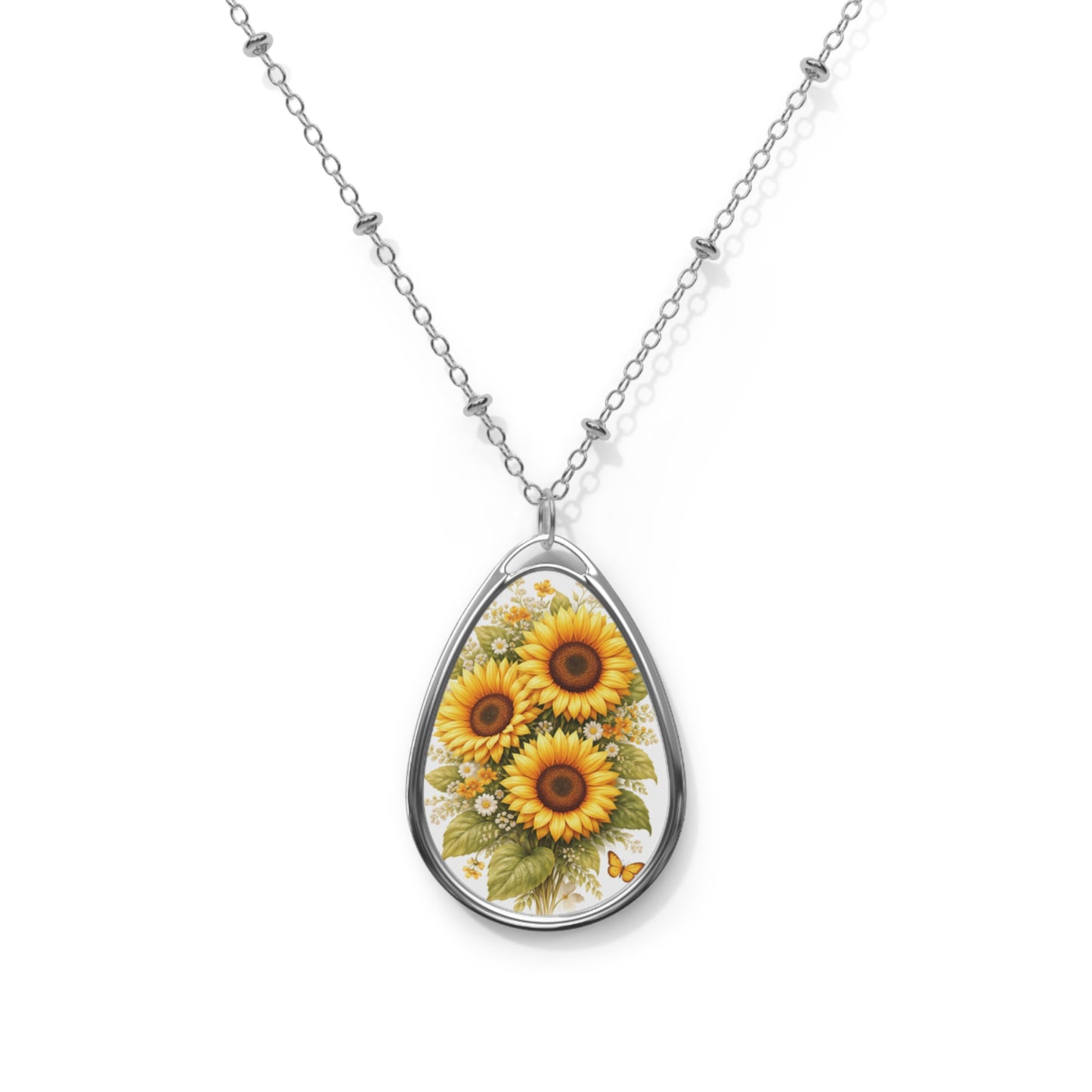 Sunflower Bouquet Necklace | Oval Floral Pendant, Summer Jewelry