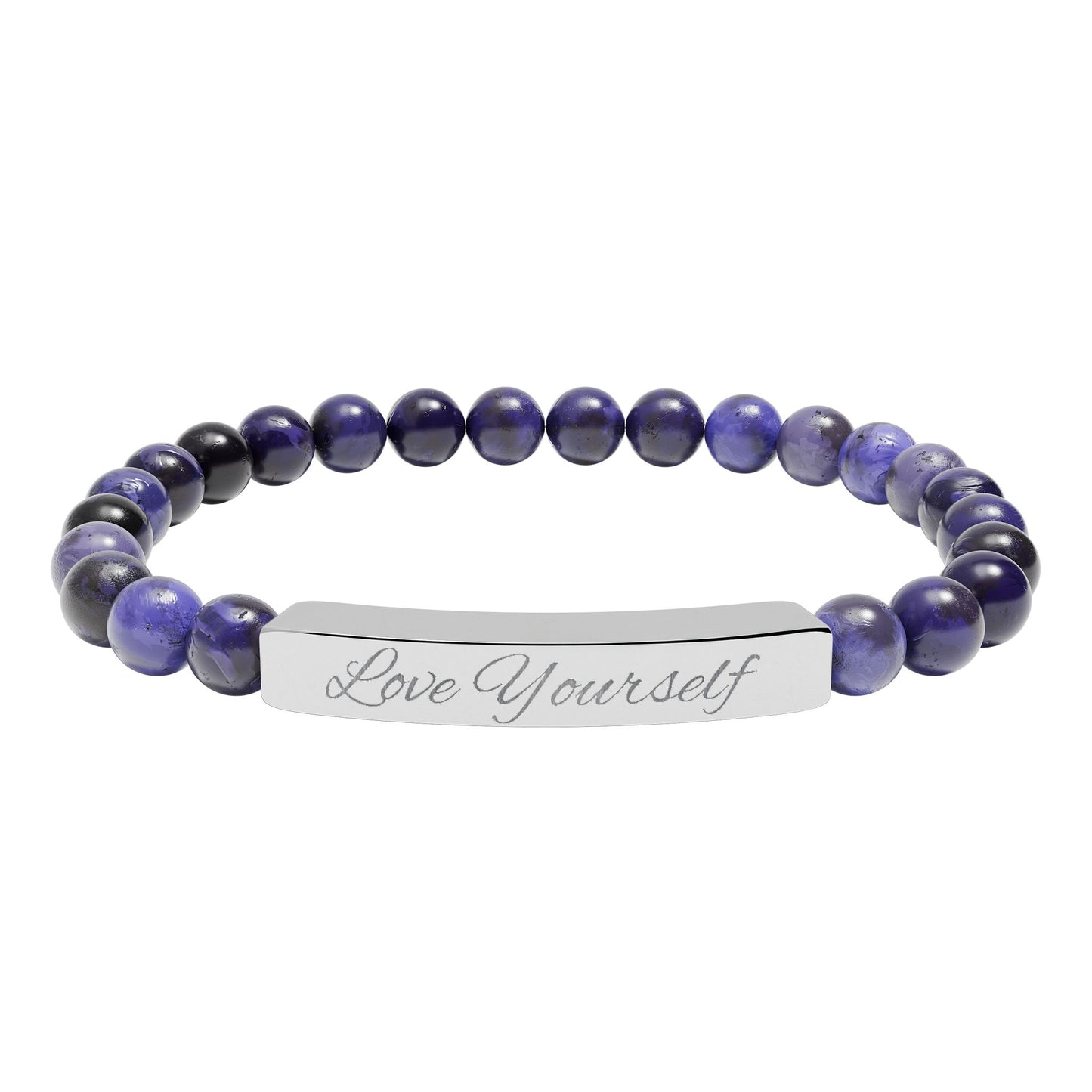 Engraved Natural Stone Bead Bracelet - "Love Yourself" Stretch Bar