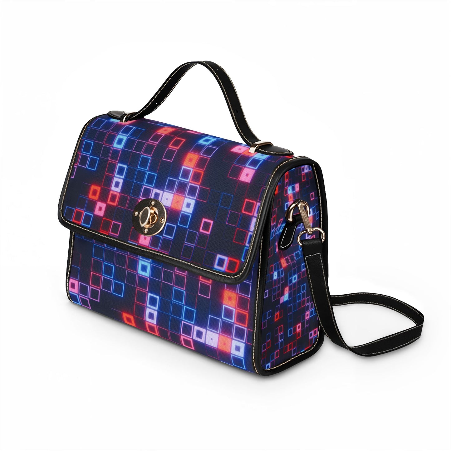 Pixel Glow Waterproof Canvas Bag — Neon Square Print Waterproof Tote