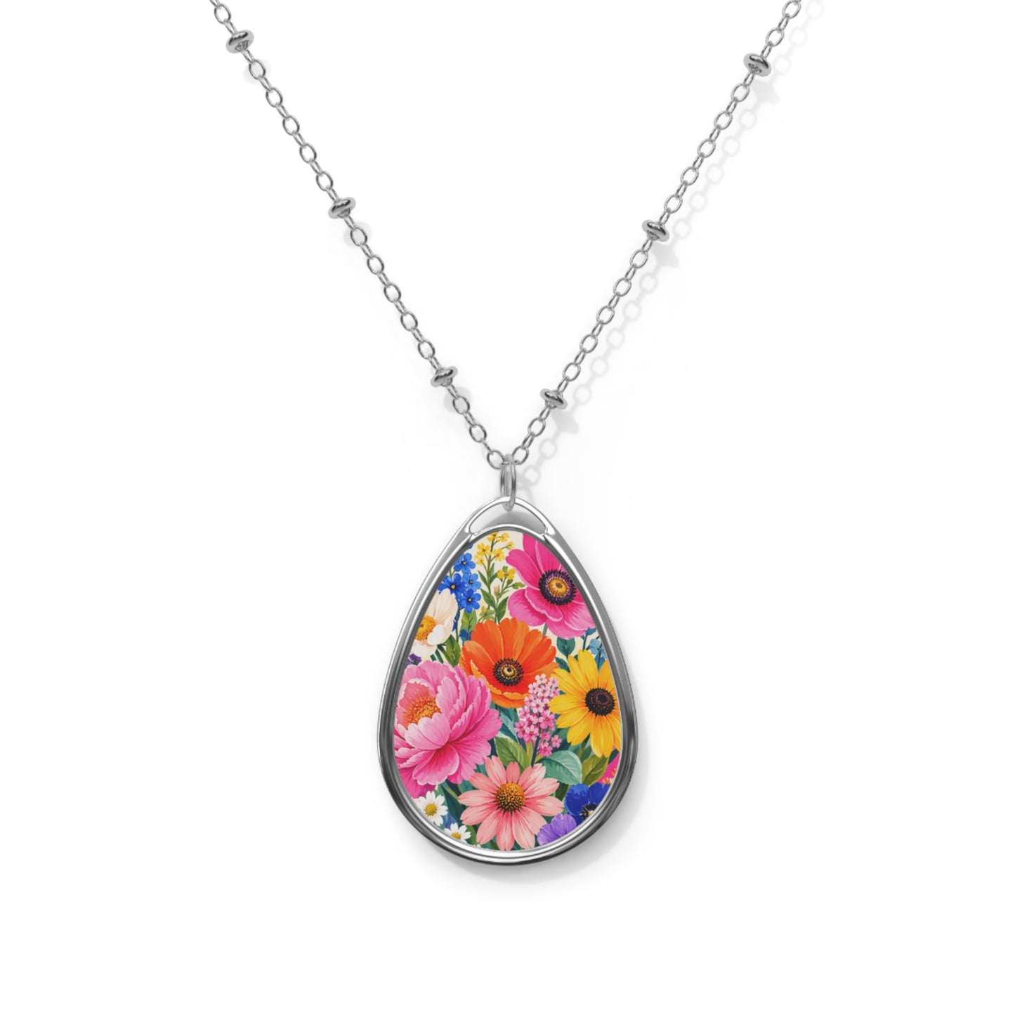 Colorful Floral Oval Necklace | Teardrop Pendant Necklace