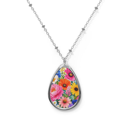 Colorful Floral Oval Necklace | Teardrop Pendant Necklace