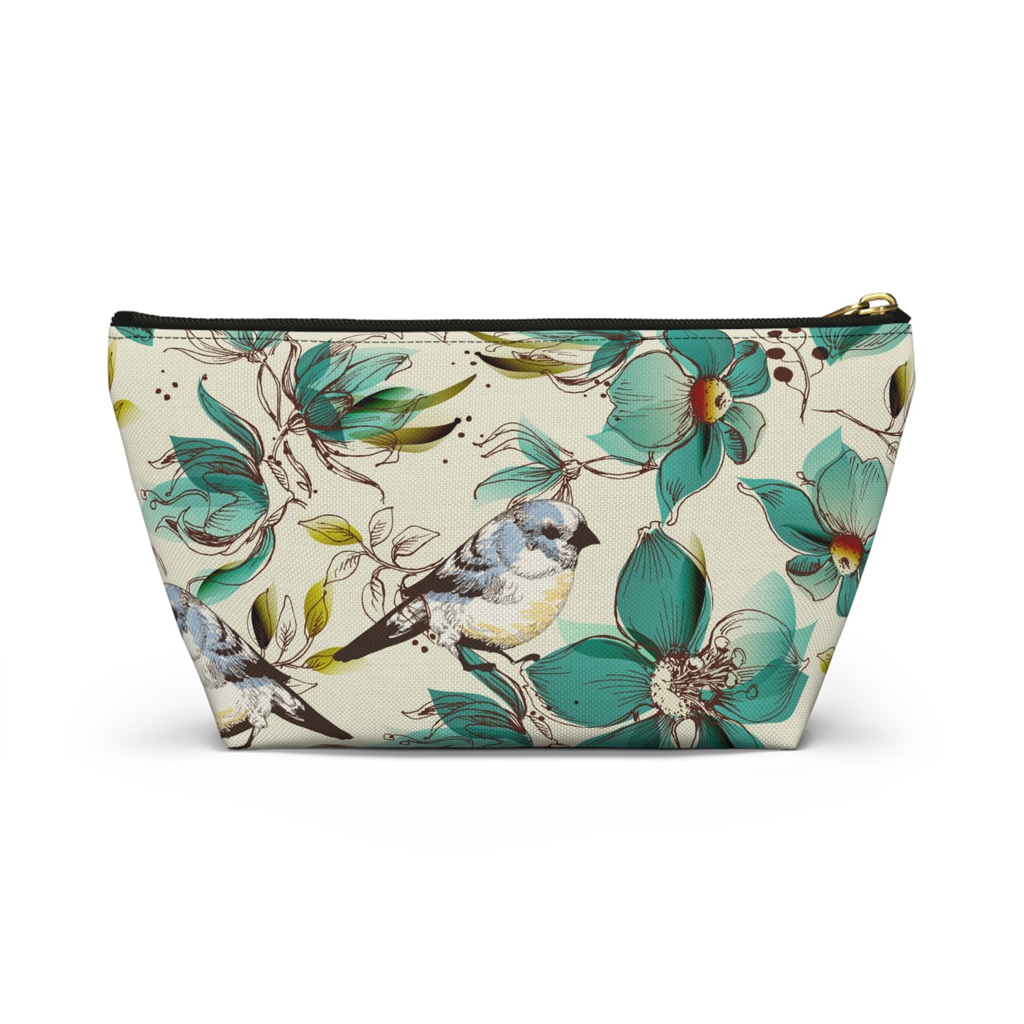Bird & Teal Floral Accessory Pouch — T‑Bottom Makeup Bag