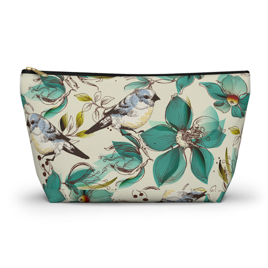 Bird & Teal Floral Accessory Pouch — T‑Bottom Makeup Bag