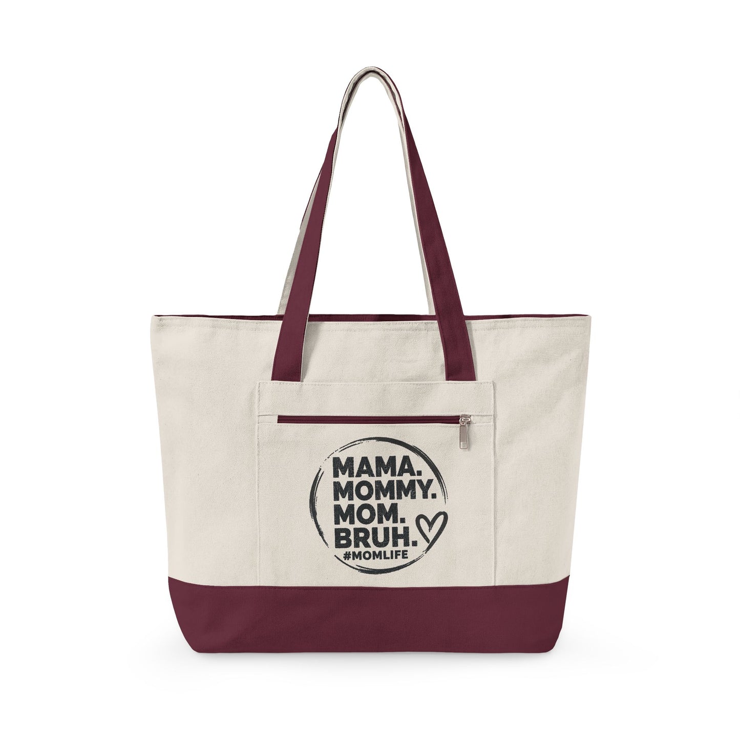 Mama Mommy Mom Bruh Canvas Tote — Zippered Eco Market Bag with Front Pocket