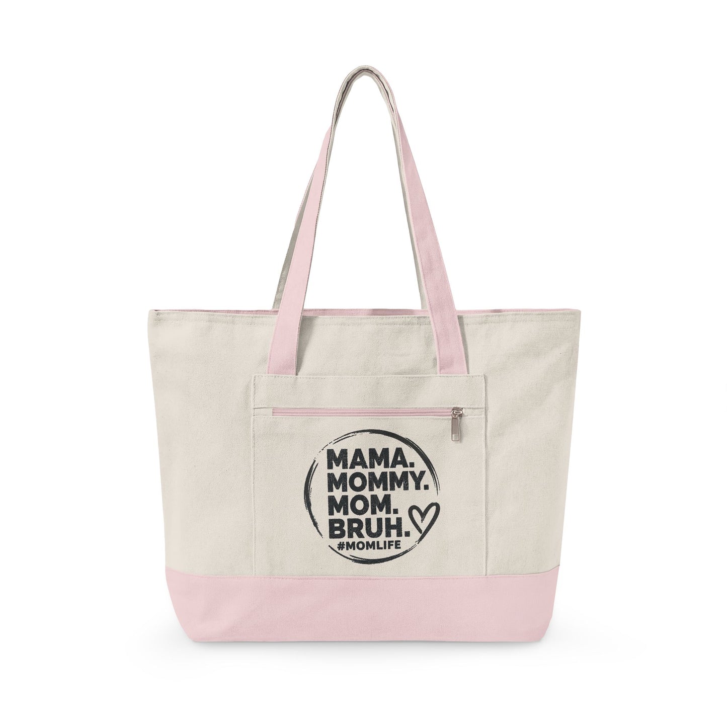 Mama Mommy Mom Bruh Canvas Tote — Zippered Eco Market Bag with Front Pocket