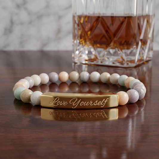 Engraved Natural Stone Bead Bracelet - "Love Yourself" Stretch Bar