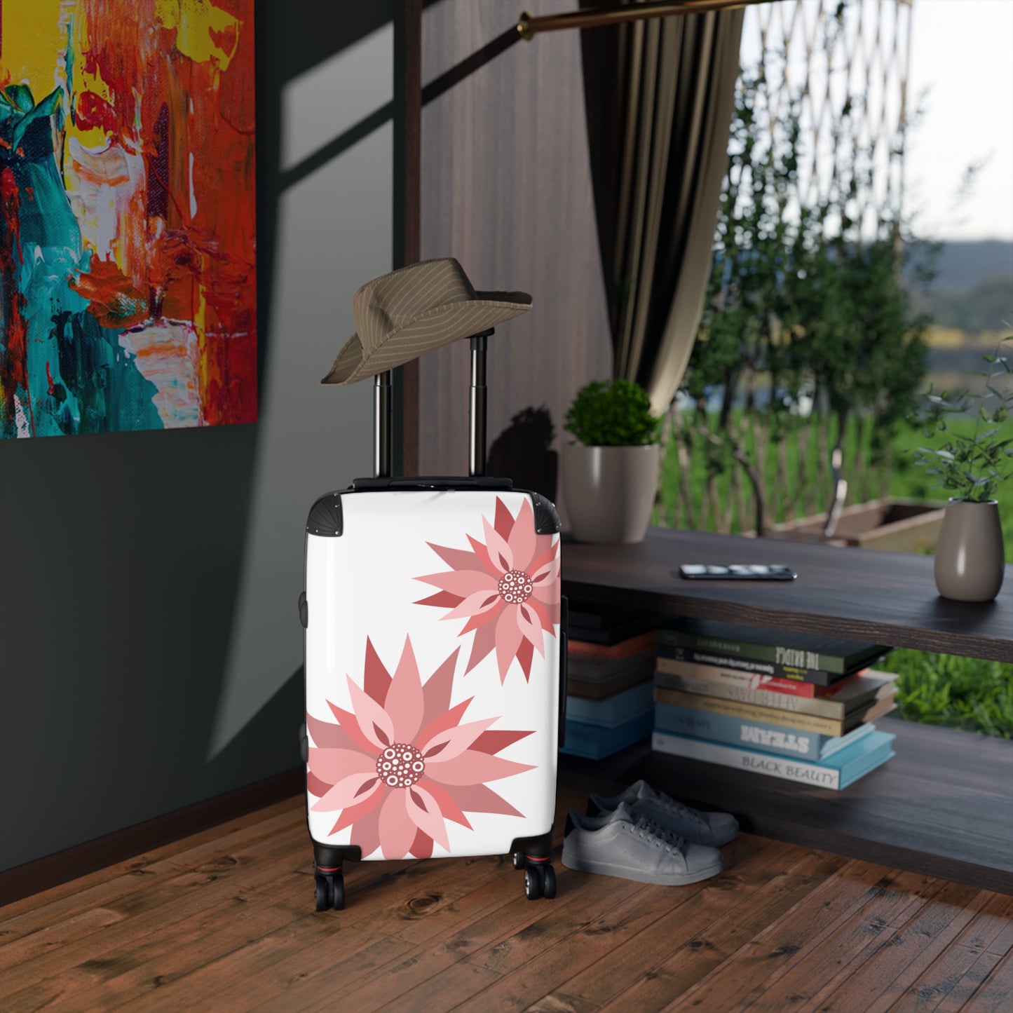 Pink Floral Carry-On Suitcase — Lightweight Rolling Luggage with Stylized Blossoms