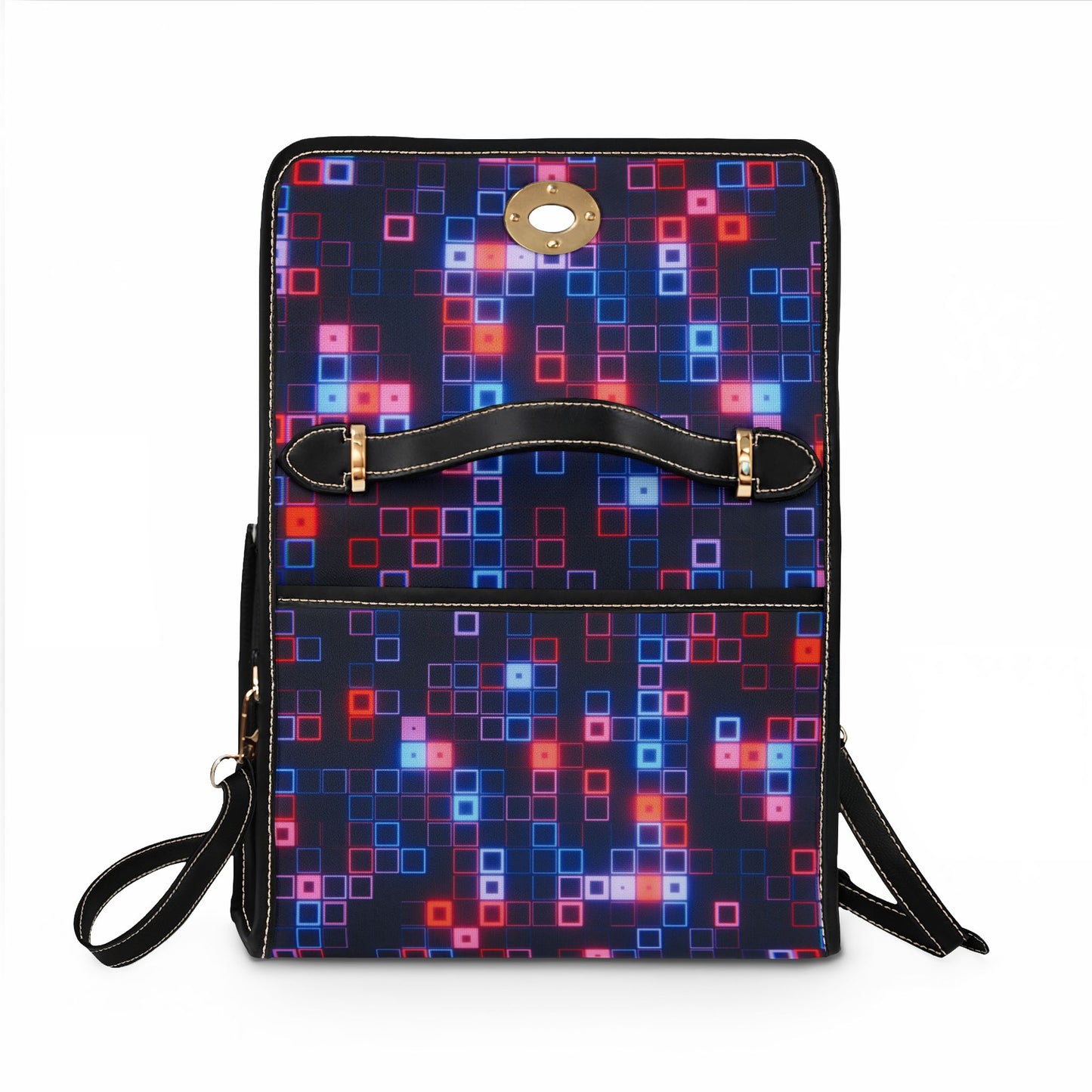 Pixel Glow Waterproof Canvas Bag — Neon Square Print Waterproof Tote