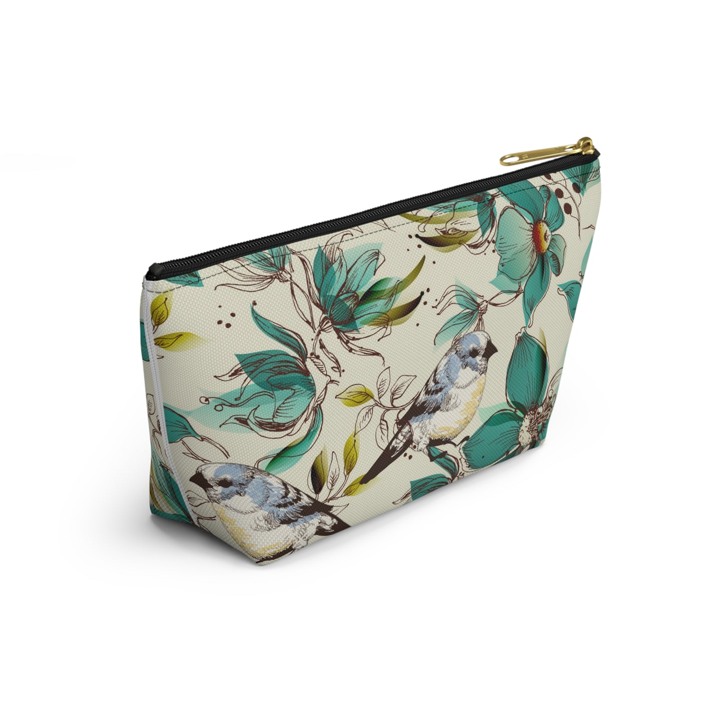 Bird & Teal Floral Accessory Pouch — T‑Bottom Makeup Bag