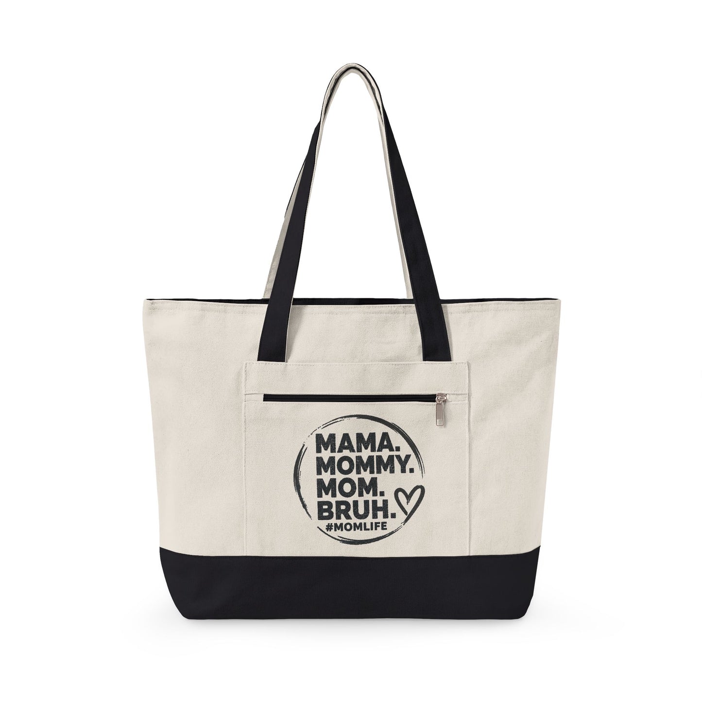 Mama Mommy Mom Bruh Canvas Tote — Zippered Eco Market Bag with Front Pocket