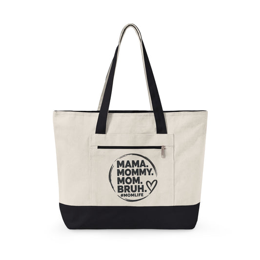 Mama Mommy Mom Bruh Canvas Tote — Zippered Eco Market Bag with Front Pocket