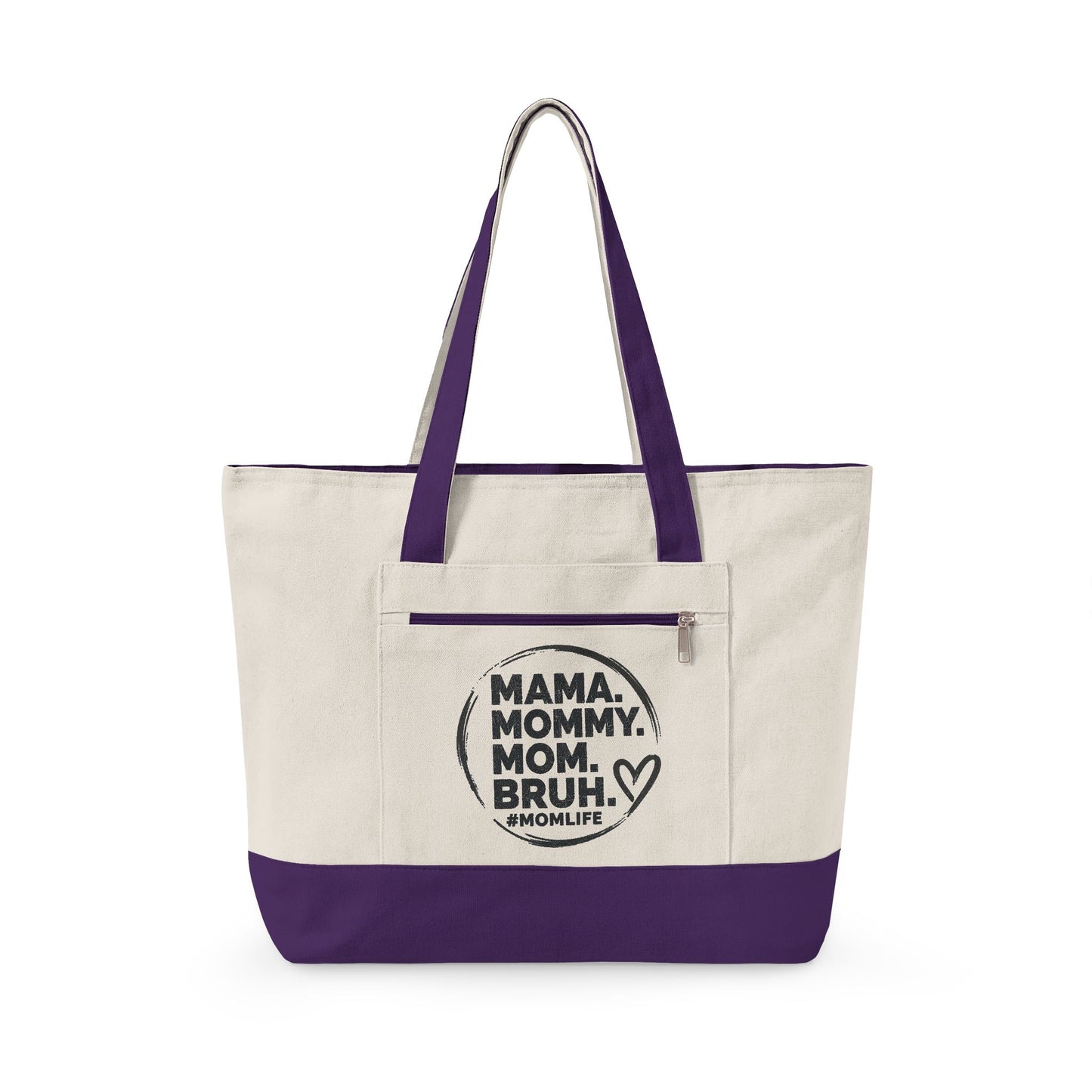 Mama Mommy Mom Bruh Canvas Tote — Zippered Eco Market Bag with Front Pocket