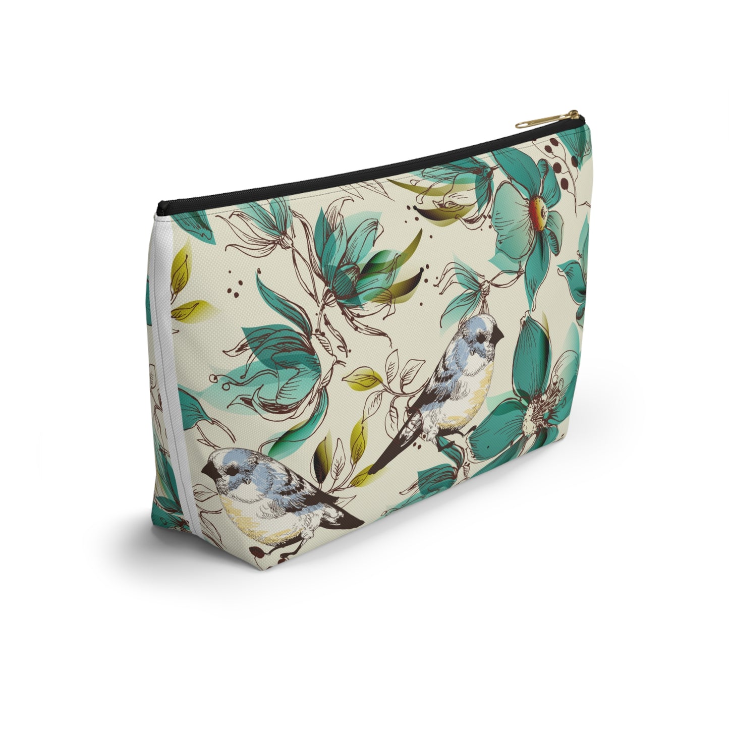 Bird & Teal Floral Accessory Pouch — T‑Bottom Makeup Bag