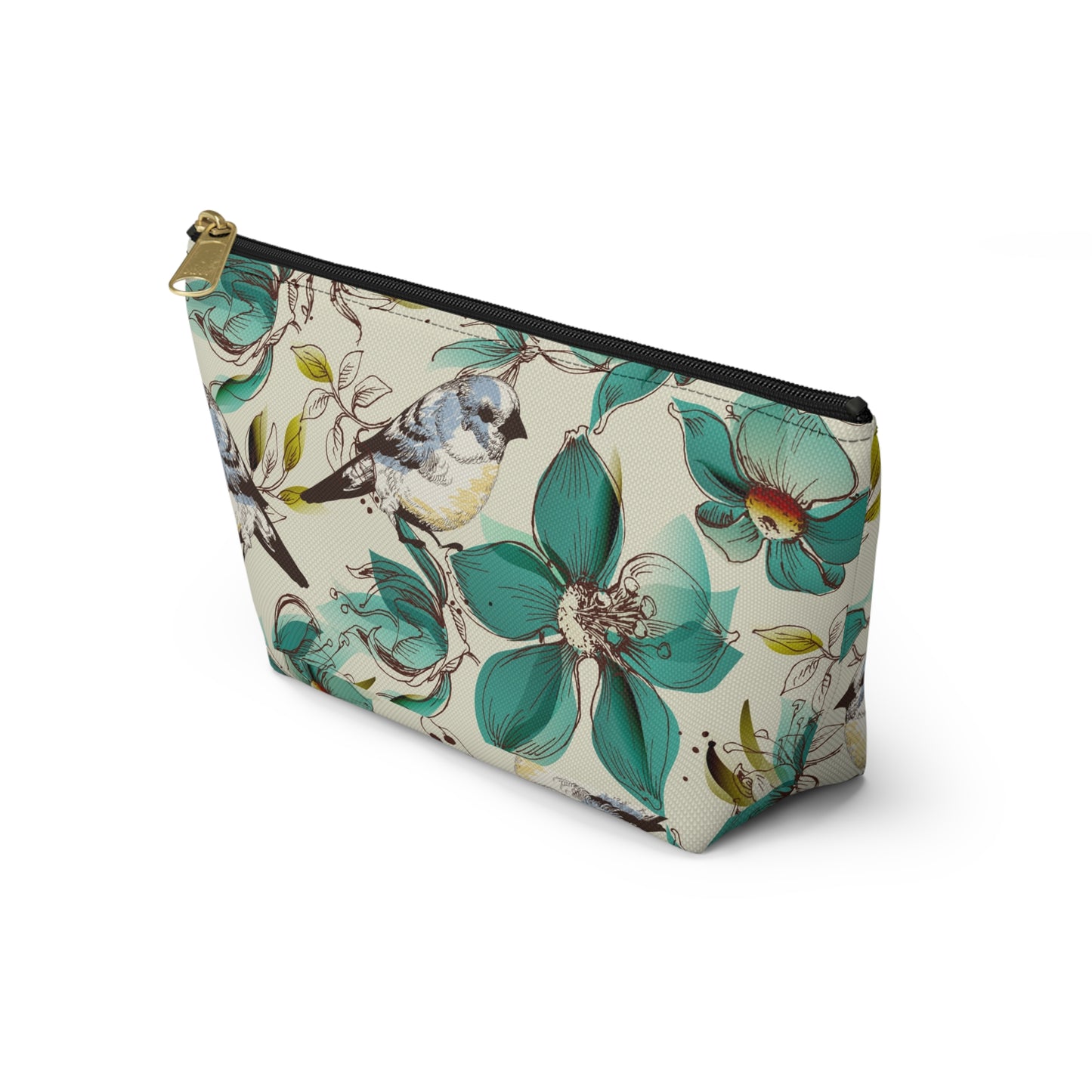 Bird & Teal Floral Accessory Pouch — T‑Bottom Makeup Bag