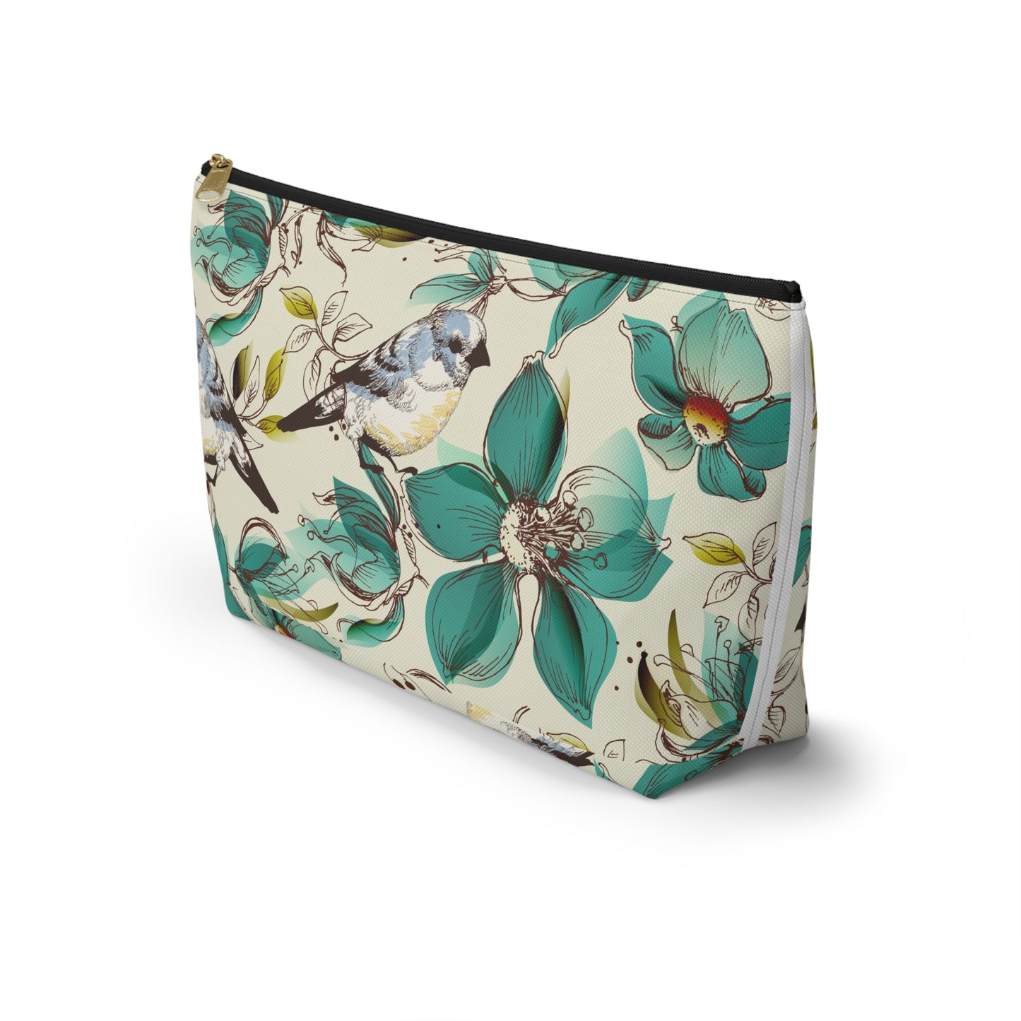 Bird & Teal Floral Accessory Pouch — T‑Bottom Makeup Bag