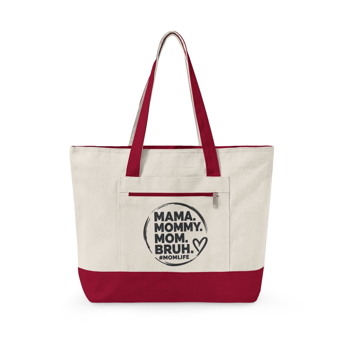 Mama Mommy Mom Bruh Canvas Tote — Zippered Eco Market Bag with Front Pocket