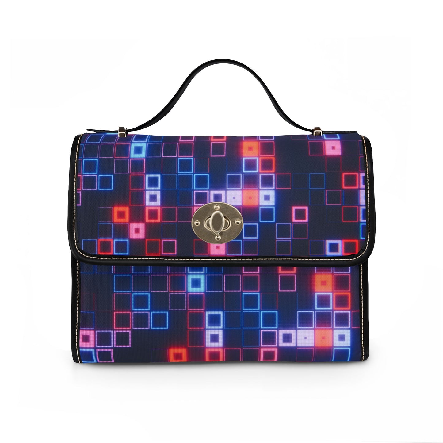 Pixel Glow Waterproof Canvas Bag — Neon Square Print Waterproof Tote