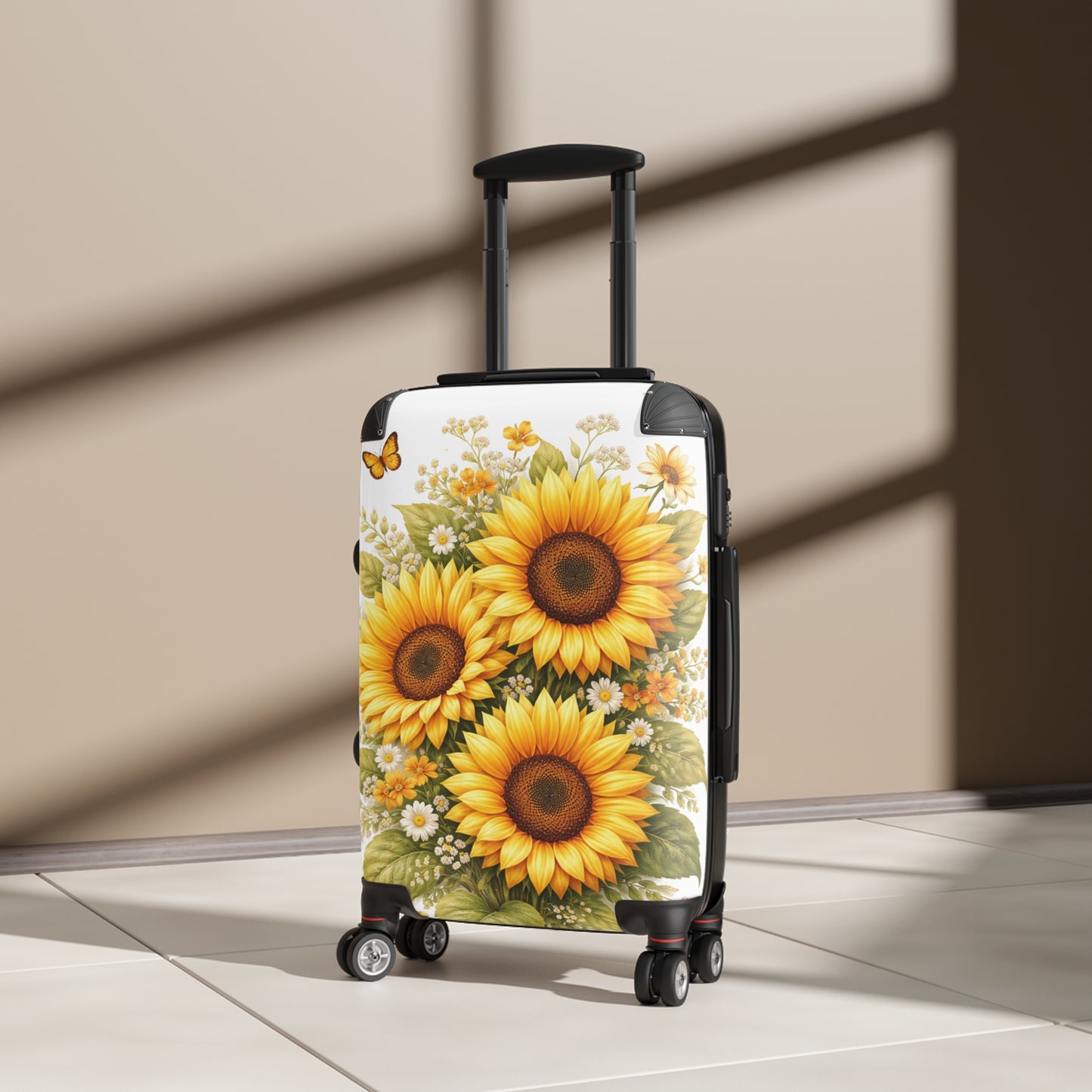Sunflower Suitcase Cover — Bright Floral Luggage Skin with Sunflowers & Butterfly