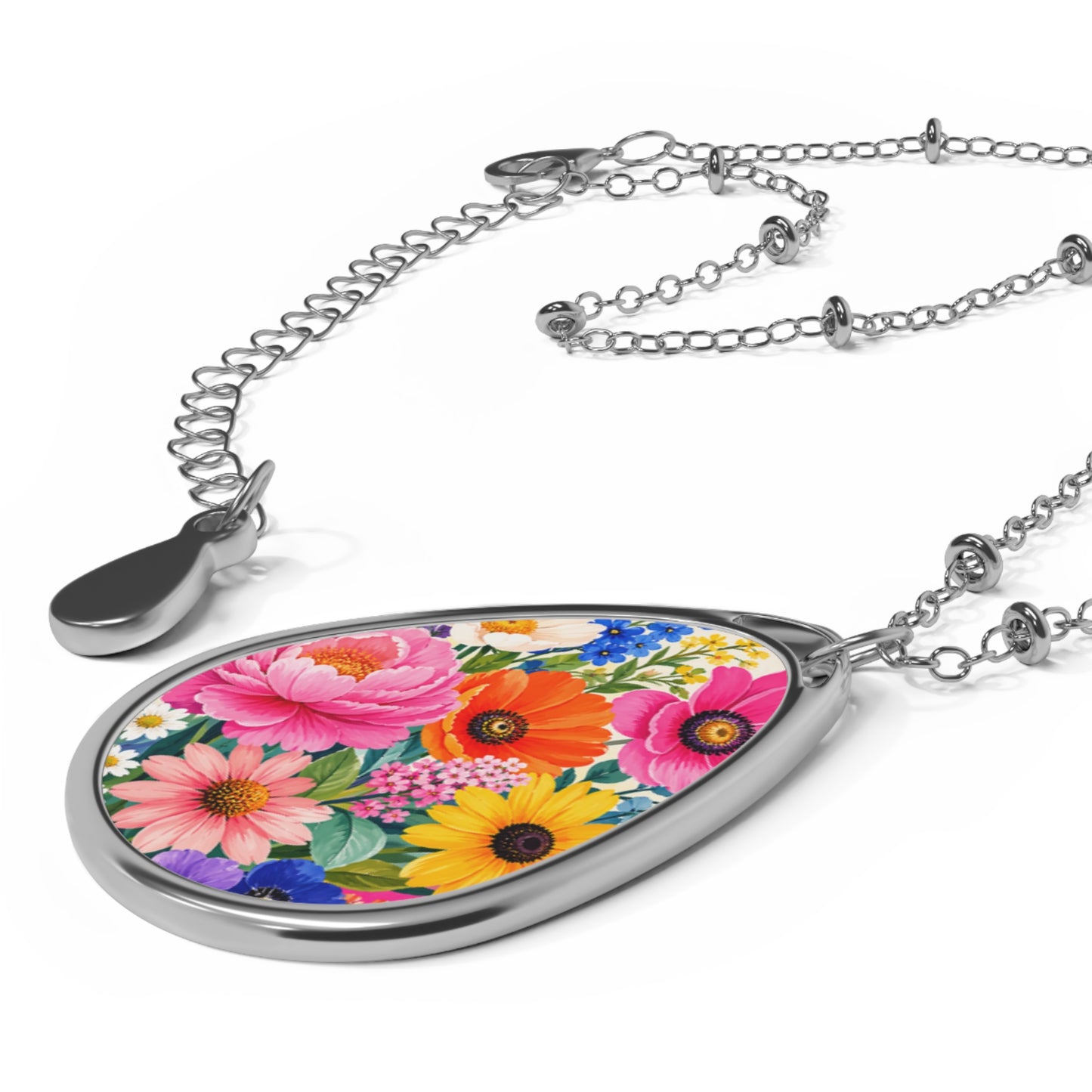 Colorful Floral Oval Necklace | Teardrop Pendant Necklace