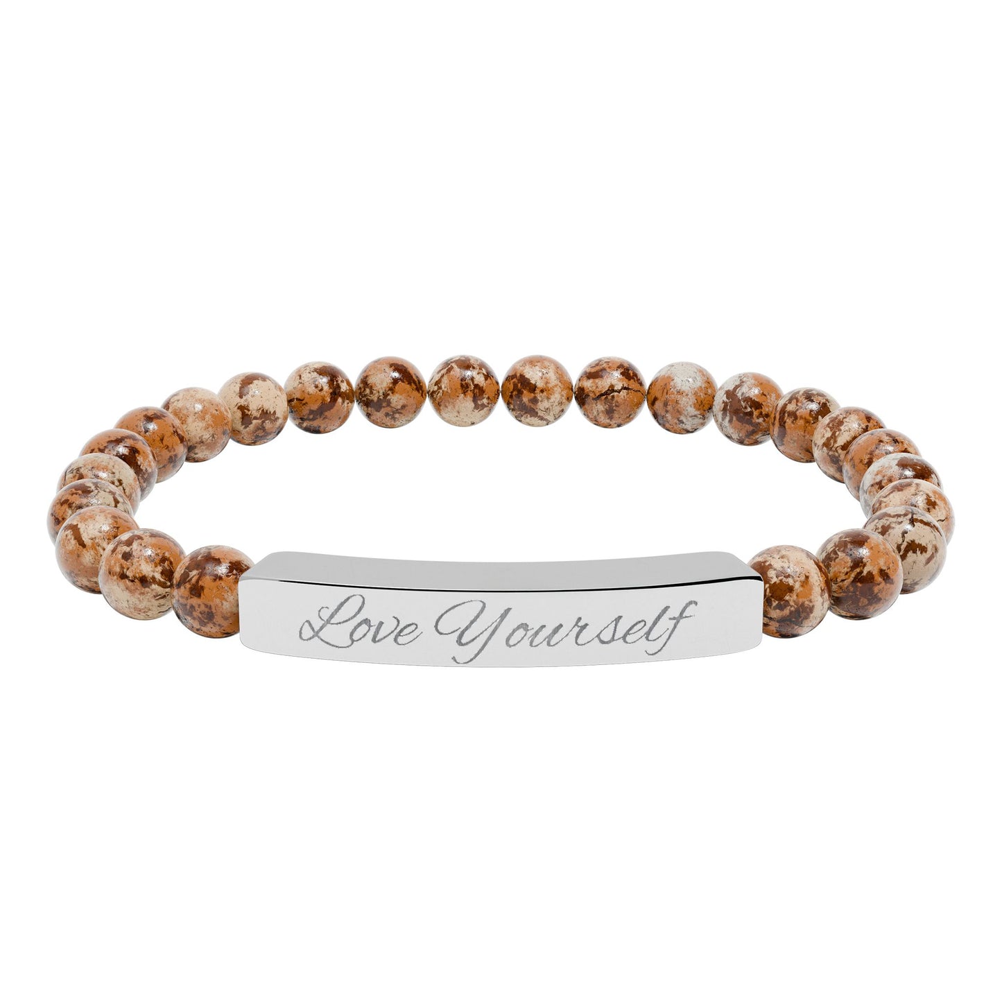 Engraved Natural Stone Bead Bracelet - "Love Yourself" Stretch Bar