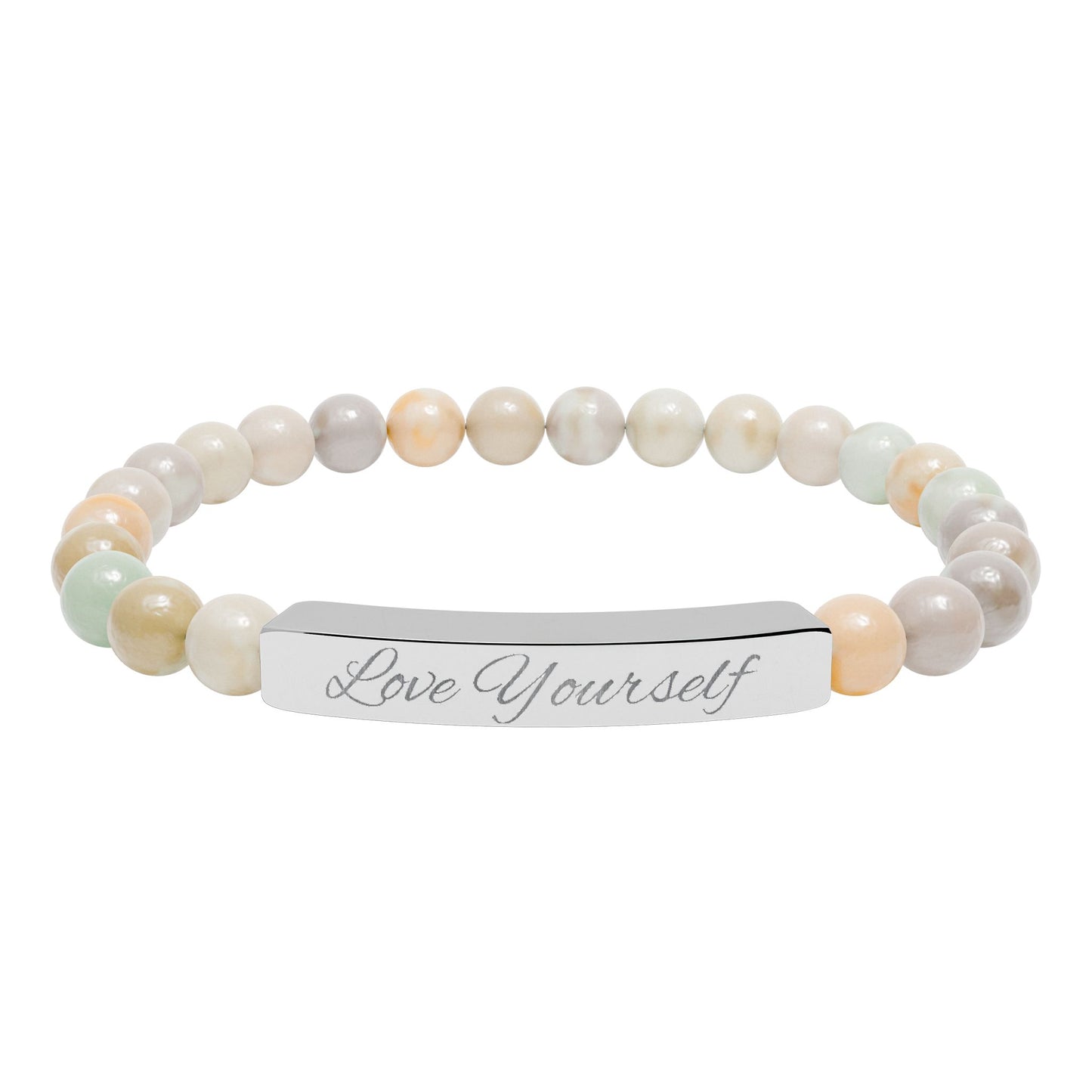 Engraved Natural Stone Bead Bracelet - "Love Yourself" Stretch Bar