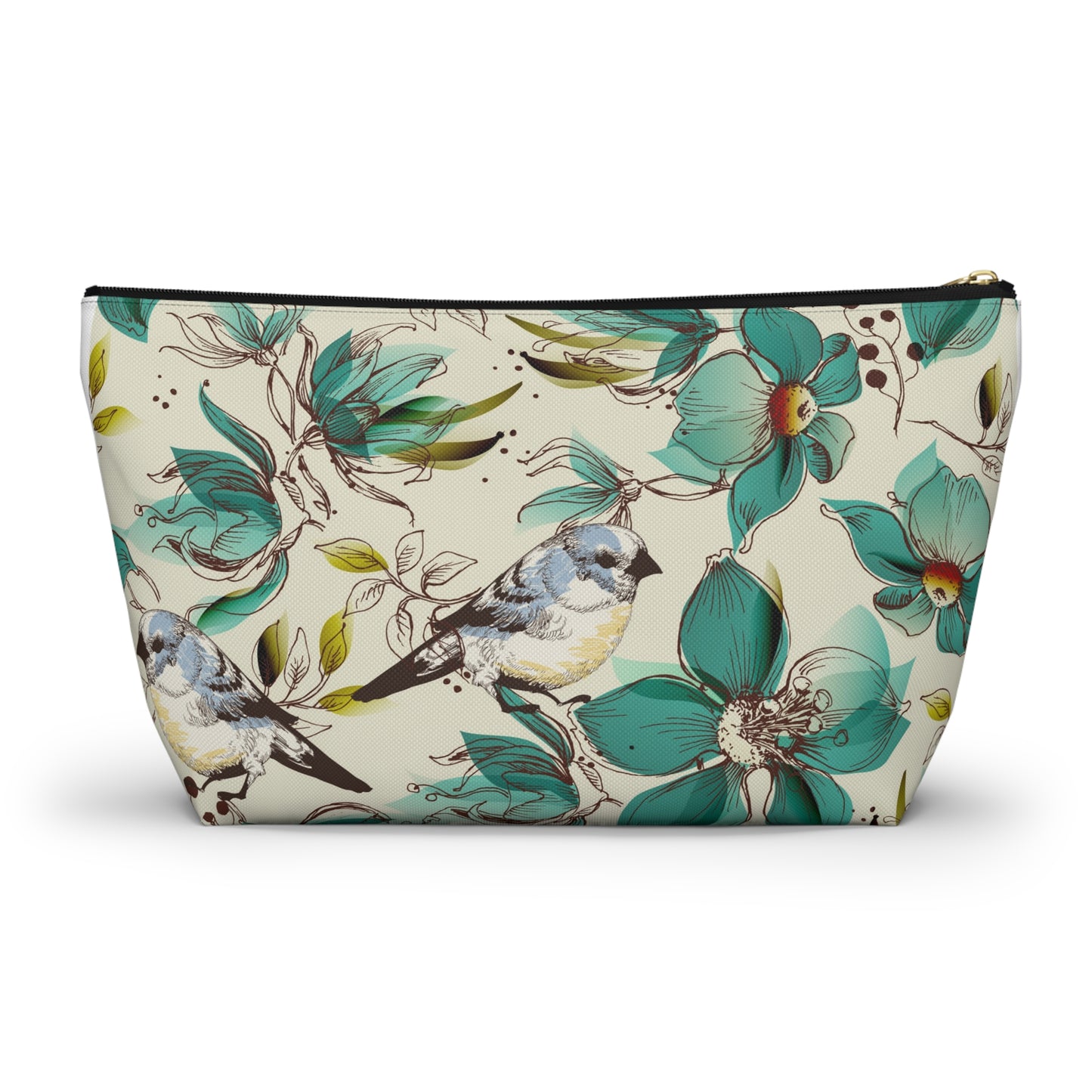 Bird & Teal Floral Accessory Pouch — T‑Bottom Makeup Bag