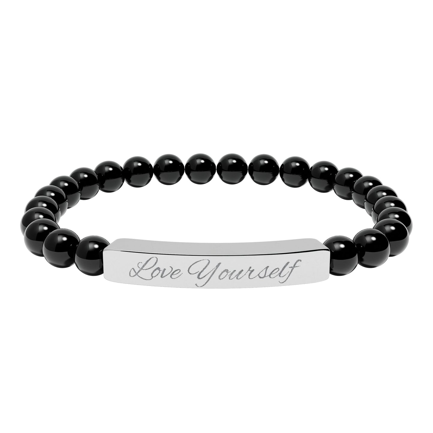 Engraved Natural Stone Bead Bracelet - "Love Yourself" Stretch Bar
